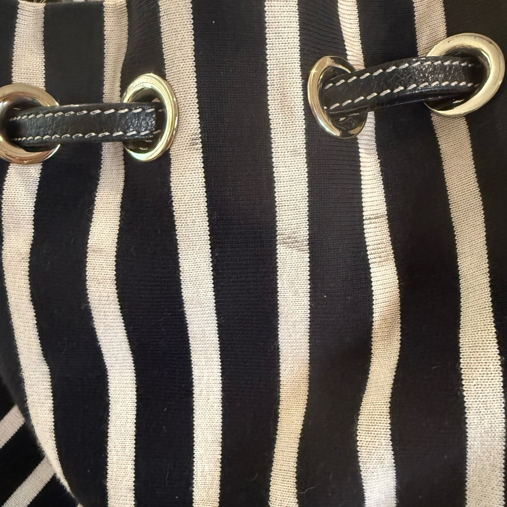 Kate Spade Striped Canvas Leather Hobo Bag Black White Drawstring Shoulder Tote - Picture 15 of 16